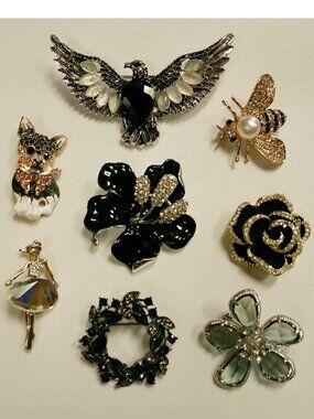 Brooch Pin Lot of 8 - Black accents - Bee Eagle Flower